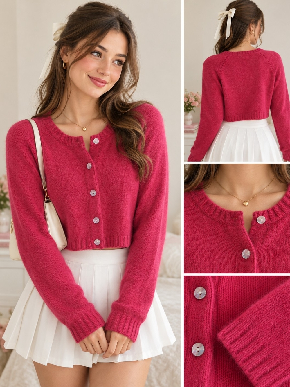Cropped Fuchsia Button-Up Cardigan Sweater